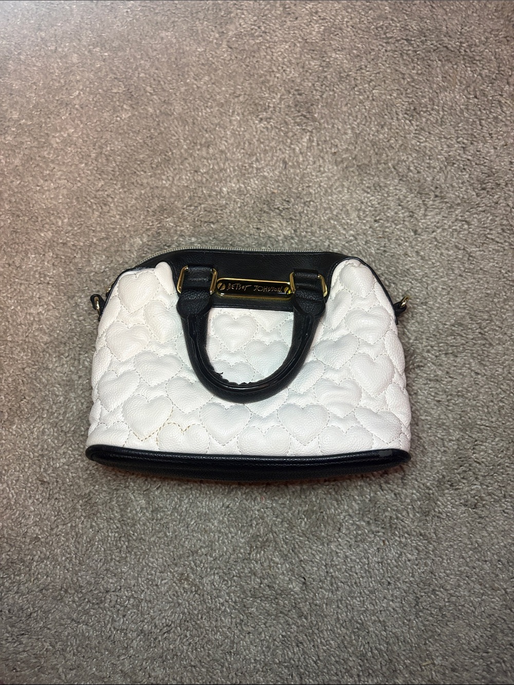 Betsey Johnson White Quilted Heart Mini Satchel with Black Trim